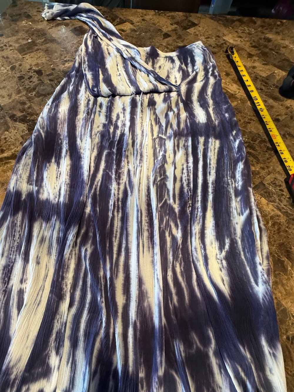 Blue and White Tie-Dye Maxi Skirt with Elastic Waist & double front slits